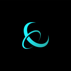 Obraz premium A glowing cyan abstract intertwined symbol resembling an ampersand on a dark black background, representing connection and elegance in graphic design.