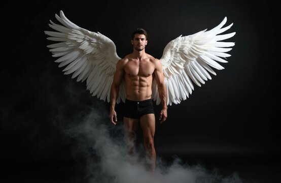 Muscular man with white angel wings poses in dark studio. He wears black shorts, bare torso. Smoke swirls around his legs, creating dramatic ethereal effect. Perfect for fantasy or spiritual concepts. - Powered by Adobe