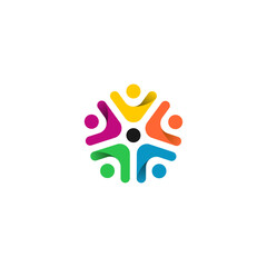 A vibrant, colorful logo depicting six stylized human figures in a circular formation, symbolizing community, diversity, and connection around a central point.