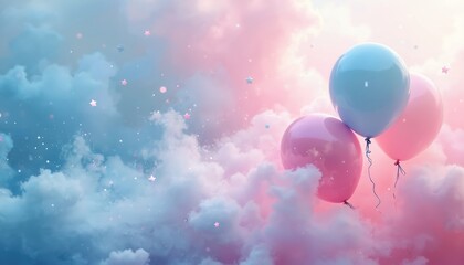 Gender reveal celebration with pink and blue balloons floating in pastel clouds. Stars and glitter add a festive, magical atmosphere for expecting parents announcing baby sex. Joyful surprise awaits.