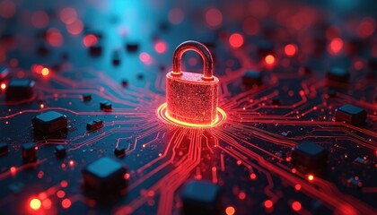 Glowing red padlock rests on circuit board. Digital security, online data protection, cyber defense against threats. Protect info, access safe. Futuristic tech concept art.