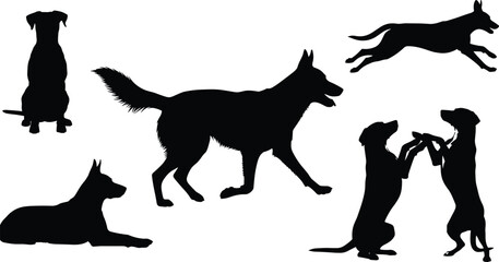 Diverse Dog Silhouettes Collection Vector Set: Featuring Poses Like Sitting, Running, Playing, Walking, and Lying Down, Representing Canine Motion, Activity, and Domestic Pet Companionship.