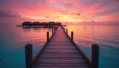 Naklejka premium Wooden pier leads to bungalows over calm ocean water during vibrant pink sunset. Tropical island paradise at dusk with serene sky and gentle sea ripples.