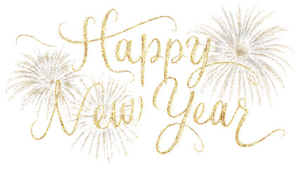 Elegant Happy New Year script with colorful fireworks burst elements, soft glowing highlights, festive spark trails, and a clean white background.