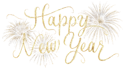 Elegant Happy New Year script with colorful fireworks burst elements, soft glowing highlights, festive spark trails, and a clean white background.