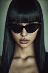 Fototapeta premium Portrait of a woman with long black hair and sunglasses indoors in a simple setting