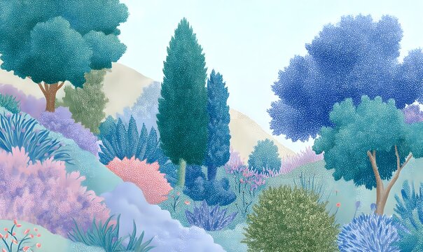a detailed illustration of an organic landscape, featuring lush greenery and vibrant blue foliage in shades of pink and teal.