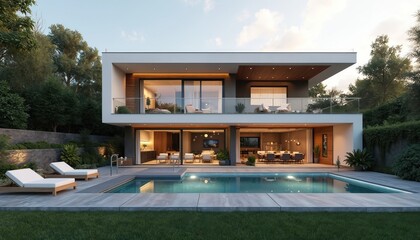 Fototapeta premium Modern luxury house with pool, rich green landscaping. Two-story villa features open concept living space, balconies, large windows. Ideal for real estate listings or architectural design concepts.