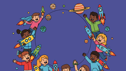 Joyful Diverse Children Exploring Space with Rockets in a Circular Frame, Cosmic Background Illustration with Planets and Stars, Room for Text