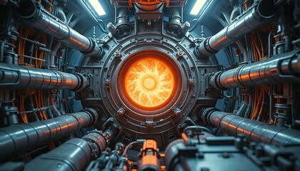 Inside view of nuclear fusion reactor core. Hot plasma swirls intensely within magnetic confinement chamber. Complex machinery and pipes surround the central energy source generating heat and light.