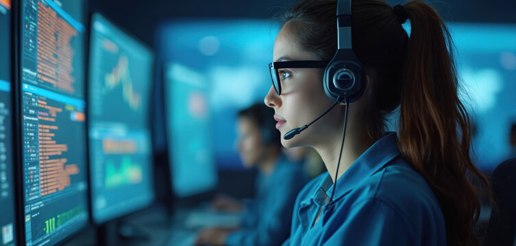 Woman wears headset, looks at computer monitors displaying code. Female customer service agent works in dark control room, colleagues visible in background blur. Analyzing data. - Powered by Adobe