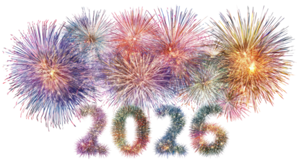 Elegant Happy New Year script with colorful fireworks burst elements, soft glowing highlights, festive spark trails, and a clean white background.