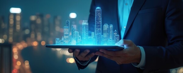 Man in suit holds tablet showing glowing futuristic city skyline. Digital building models appear as hologram. Represents future urban development and real estate innovation.