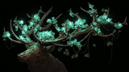 Fantasy illustration of a majestic deer head with antlers transforming into glowing cyan floral branches.
