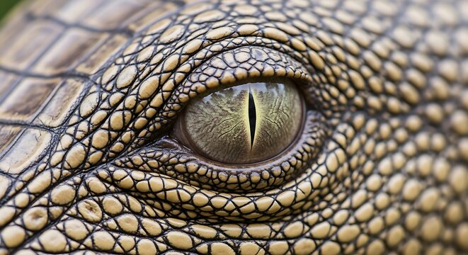 Close up of a crocodile eye showing detailed texture and patterns
