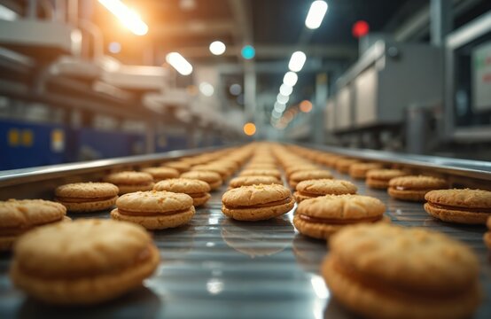 Sweet sandwich cookies move on a factory conveyor belt. Automated production line makes many pastries. Baked goods travel for packaging and distribution.