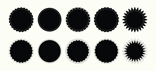 Vector Set of Black Circular Badges and Seals with Serrated, Scalloped, and Starburst Edges for Labels, Stickers, and Vintage Design