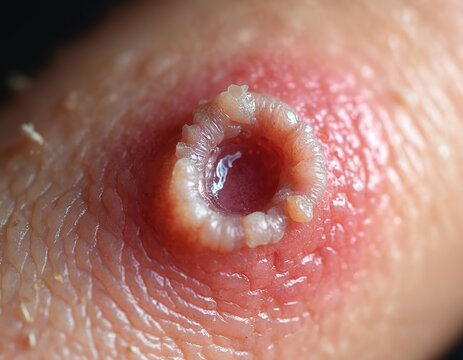 Macro closeup of skin lesion. Red inflamed area with central open sore resembling basal cell or squamous cell carcinoma. Possible skin cancer growth.