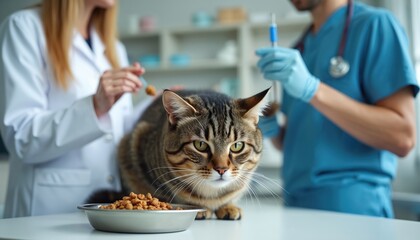 Veterinary assistant feeds cat dry food bowl. Vet discusses pet nutrition plan with owner in bright clinic. Cat health care advice given. Pro animal treatment.