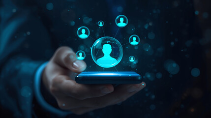 Hand holding mobile phone with social network icons 