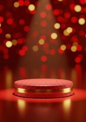 Vibrant Red Glitter Podium with Bokeh Lights, Festive Holiday Sale Product Display Banner: Exclusive Christmas Showcase, Dynamic Celebration Presentation, Elegant Vertical Mockup.