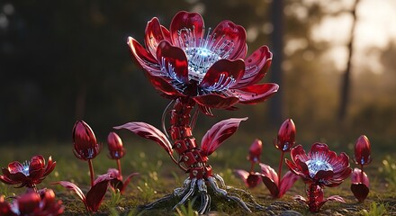 A cluster of vibrant red, metallic flowers, with intricate inner details and mechanical stems, stands out in a natural outdoor setting.