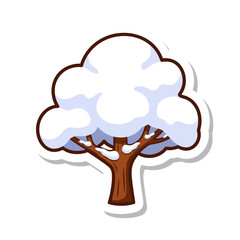 Cartoon winter tree covered in snow sticker illustration.
