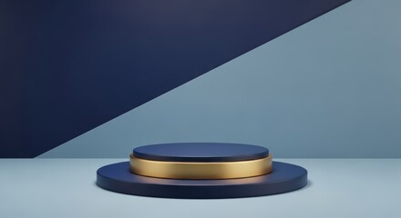 Dark Blue Geometric Podium with Gold Accents, Minimalist Abstract Product Presentation Stage: Corporate Branding Showcase, Clean Interior Display, Modern Vertical Mockup.