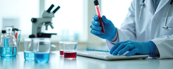 Scientist in lab coat blue gloves holds test tube with red blood sample. Researcher types data into computer next to microscope and lab equipment. Medical research and blood analysis.