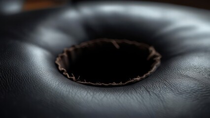 Close-up view of a dark leather seat with a hole