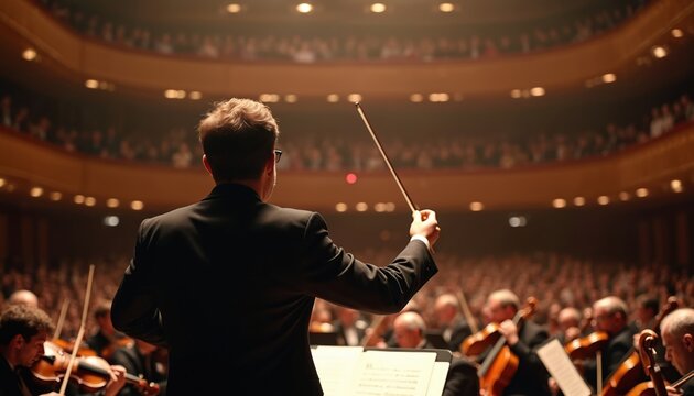 Conductor leads orchestra in grand hall. Musicians play instruments on stage before seated audience. Director guides symphony performance with baton, classical music fills theater.
