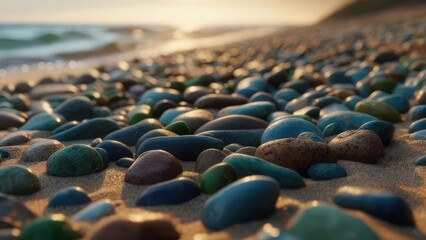 Close-up view of colorful stones on a sandy beach at sunrise