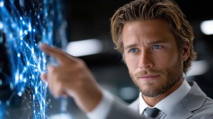 A man is pointing at a computer screen with a blue background
