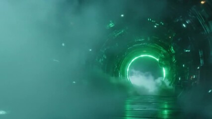 A mesmerizing view of glowing green rings amidst swirling fog, creating an otherworldly atmosphere, possibly for a sci-fi themed event or digital art display