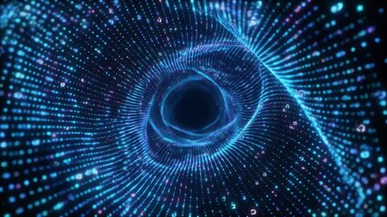 Abstract blue digital tunnel with swirling light particles and geometric patterns. - Powered by Adobe