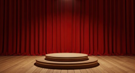 Tiered Wood Podium on Stage with Red Velvet Curtains, Classic Theatrical Presentation Backdrop: Product Showcase, Exclusive Event Display, Warm Elegant Interior Mockup.