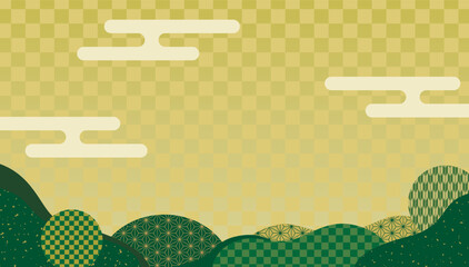 和柄模様と雲の和風背景素材/緑・金背景	