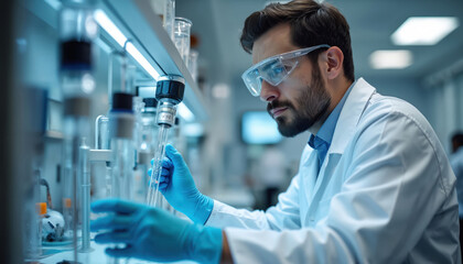 Scientist works in lab examining tube with blue gloves and safety glasses. Researcher studies new material in science experiment. Chemistry development.