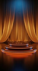 Gold silk curtains opening to a tiered stage with orange neon rings: Luxurious dramatic product launch or awards ceremony.