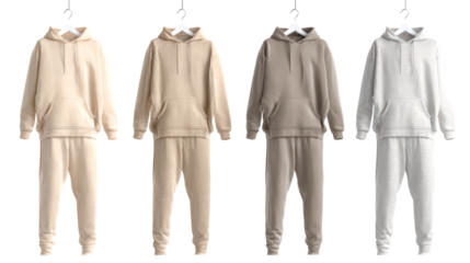 Four angled views of 3D rendered men’s tan beige hooded sweatshirt on transparent background