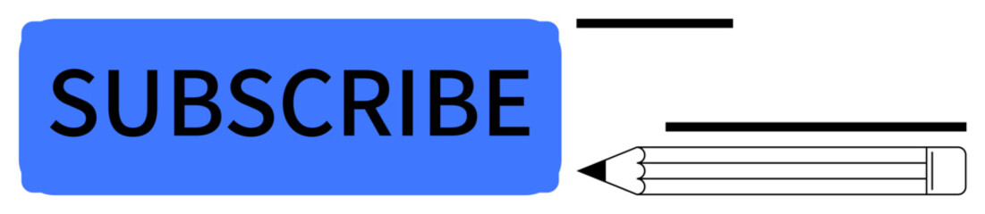 Social media engagement, call to action, content creation, online subscriptions, digital marketing, communication design. Blue subscribe button and pencil icon. Social media engagement and content