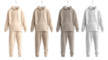 Four angled views of 3D rendered men’s tan beige hooded sweatshirt on transparent background