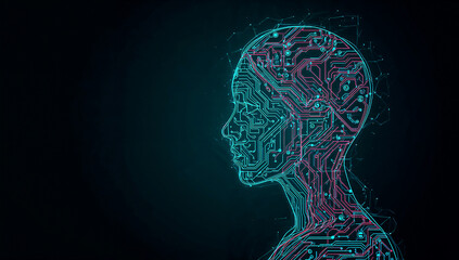 Obraz premium Neon cybernetic female side profile on futuristic grid