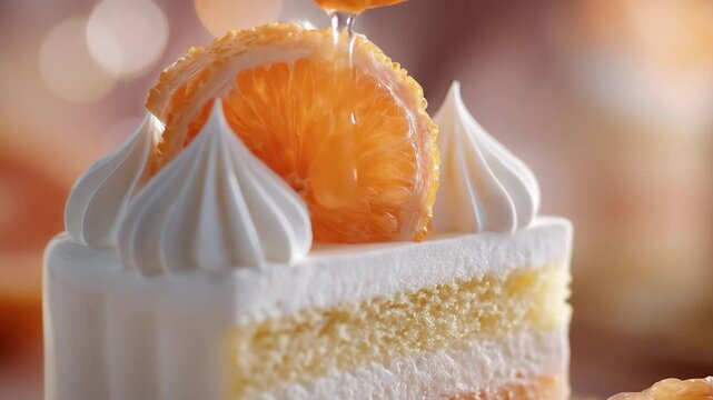 This vibrant close-up shot beautifully captures a delectable slice of layered cake, showcasing its intricate textures and appealing colors. The dessert features fluffy white frosting and piped cream d
