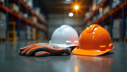Workplace safety equipment including orange and white hard hats and work gloves are set on floor in warehouse aisle. Protective gear signifies industrial job site standards and compliance measures.