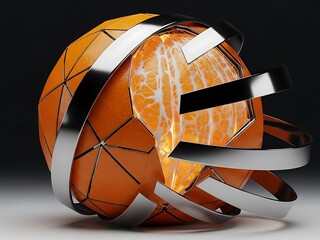 Abstract Geometric Orange Sphere with Peeling Metal Bands Isolated background