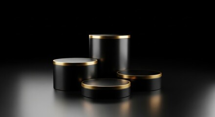 Set of Four Black and Gold Cylinders, Minimalist Luxury Cosmetic Product Display Showcase: High-End Skincare Packaging Mockup, Elegant Vertical Branding, Dark Studio.