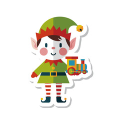 Cute Christmas Elf Holding a Toy Train Sticker Illustration.
