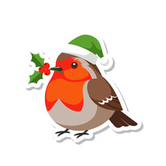 Cute Christmas Robin Bird Wearing Santa Hat Holding Holly Berry Branch.