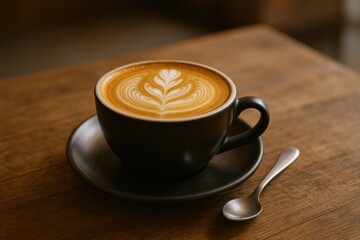 Obraz premium Artistic Latte Design in Black Ceramic Cup on Wooden Table, Silver Spoon, Top View